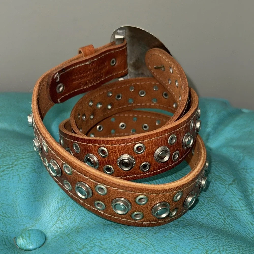 Chicos brown leather studded belt with hammered silver tone heart buckle M/L